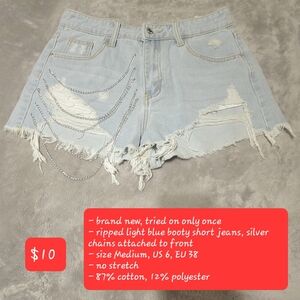 Ripped Light Blue Booty Short Jeans with Chains